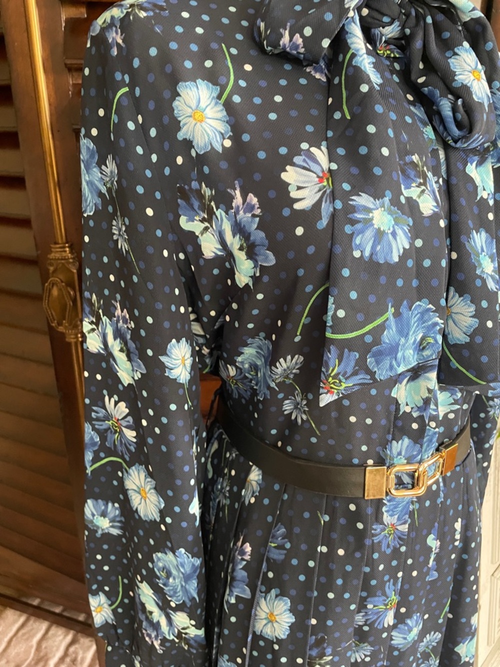Gracia Navy Floral Tie-Neck Long Sleeve Dress Belt Spring Tea Party Large - Picture 5 of 14